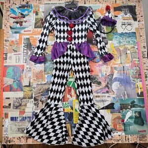 Halloween Harlequin Clown Costume Jumpsuit Purple Black‎ White Size M